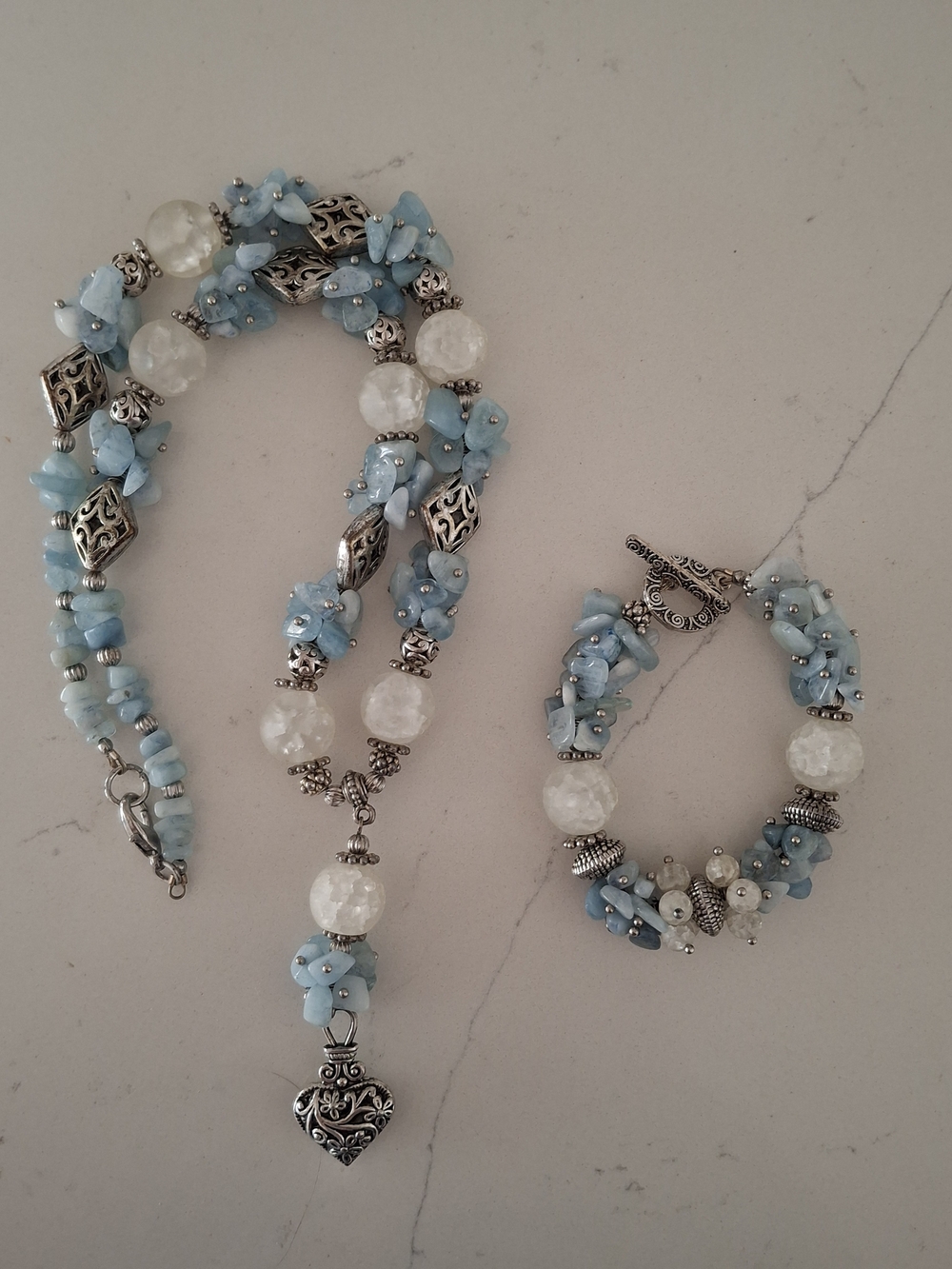 2-Pc Handcrafted Aquamarine & Crackle Quartz Filigree Heart Necklace & Bracelet